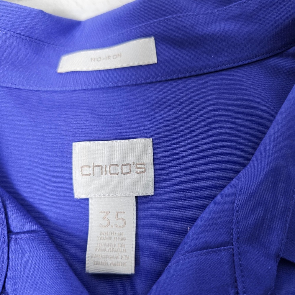 Chico's No-Iron Stretch Shirt Women 3.5 Royal Blue Roll Tab Button Down Cotton - Picture 3 of 14